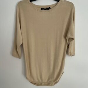 NY&Co Women's Knit Crew Neck 3/4 Sleeve Pullover Sweater Ribbed Trim Beige M